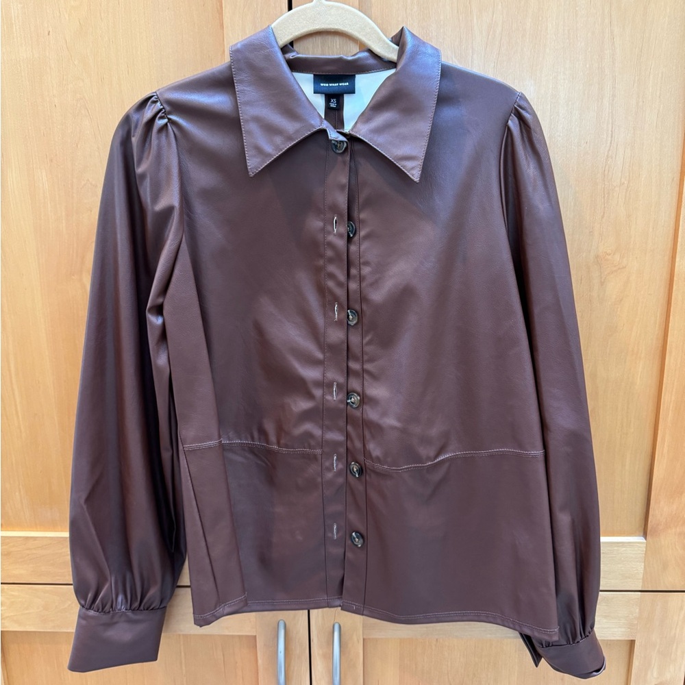 Who What Wear Brown Faux Leather Button Down Shirt Size XS
